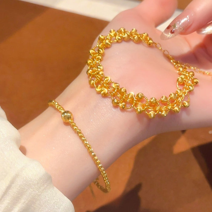 24K Gold Plated Copper Geometric Round Bead Bangle Chinese Palace Style Light Luxury Bracelet