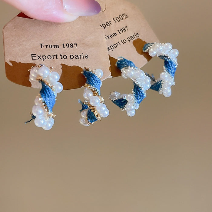 Faux Pearl C Shape Denim Twist Stud Earrings For Women Light Luxury Geometric Style