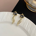 Elegant Vintage Fox Black Crystal Stud Drop Earrings With Rhinestone Gold Alloy Leaf Dangle Earrings view 4