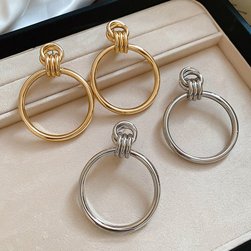 Smooth Iron Metal Geometric Round Pendant Drop Earrings With Silver Pins Minimalist European Style