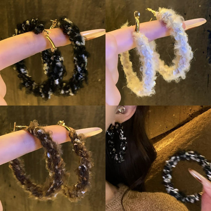 Silver Needle Wool Knit Geometric Round Hoop Earrings Maillard Style Retro Winter Drop Earrings