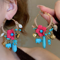 Ethnic Copper Hoop Earrings With Silver Pins Braided Rope Flower Stone Teardrop Elephant Fish Design view 1