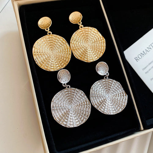 Geometric Round Textured Metal Drop Earrings Light Luxury Statement Stud Earrings
