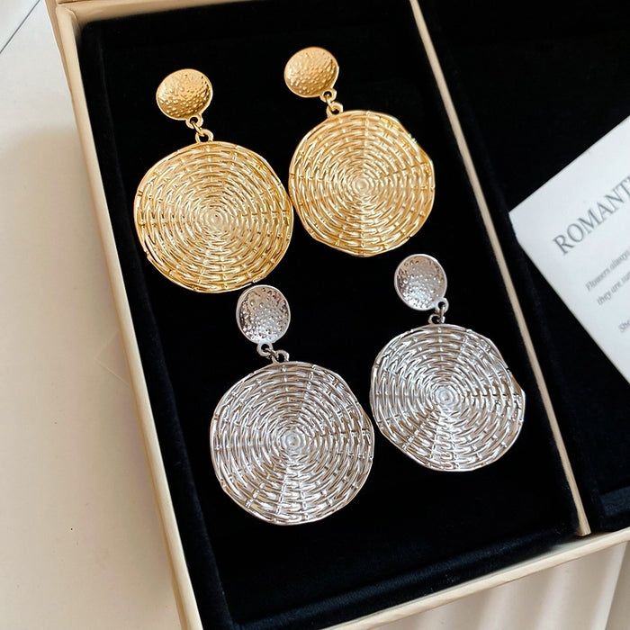Geometric Round Textured Metal Drop Earrings Light Luxury Statement Stud Earrings