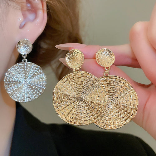 Geometric Round Textured Metal Drop Earrings Light Luxury Statement Stud Earrings