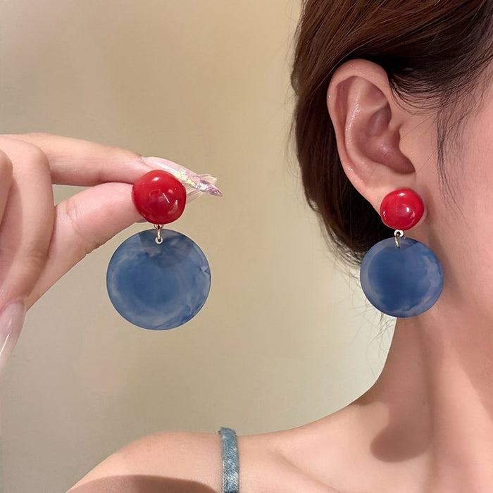 Chic Acrylic Geometric Round Red Blue Colorblock Silver Pin Stud Earrings