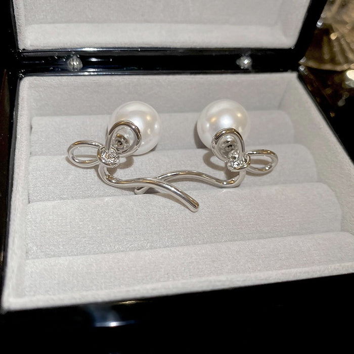14K Gold Plated Bow Faux Pearl Two Way Stud Earrings French Vacation Style Jewelry