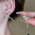 14K Gold Plated Bow Faux Pearl Two Way Stud Earrings French Vacation Style Jewelry view 2