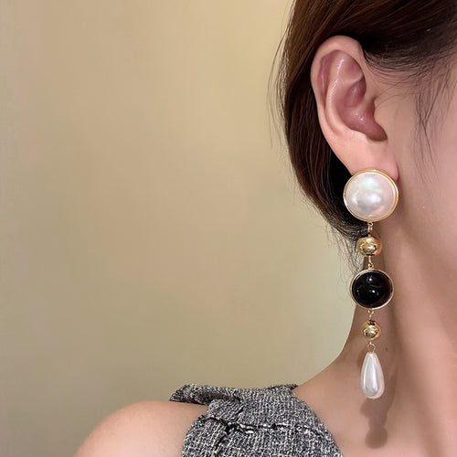 18K Gold Plated Silver Post Faux Pearl Teardrop Tassel Earrings French Elegant Geometric Studs