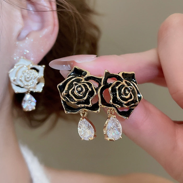 18K Gold Plated Copper Flower Zircon Teardrop Stud Earrings With Silver Posts