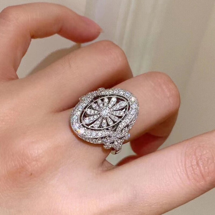 Luxury Princess Palace Style Crown Ring For Women, Snowflake Flower Statement Finger Jewelry