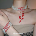 Elegant Faux Pearl Beaded Jewelry Set With Triple Layer Bracelet, Earrings And Collar Necklace view 4