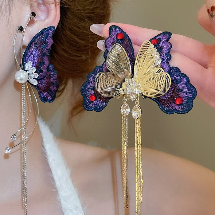 Vintage Butterfly Tassel Drop Earrings With Faux Pearl Zirconia And Silver Needle Studs