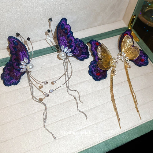 Vintage Butterfly Tassel Drop Earrings With Faux Pearl Zirconia And Silver Needle Studs
