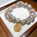Alloy Round Stone Beaded Double Layer Leaf Pendant Crystal Bangle Bracelet For Women view 2
