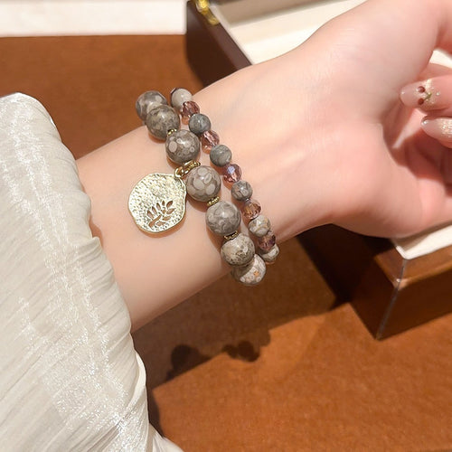 Alloy Round Stone Beaded Double Layer Leaf Pendant Crystal Bangle Bracelet For Women