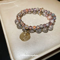 Alloy Round Stone Beaded Double Layer Leaf Pendant Crystal Bangle Bracelet For Women view 4