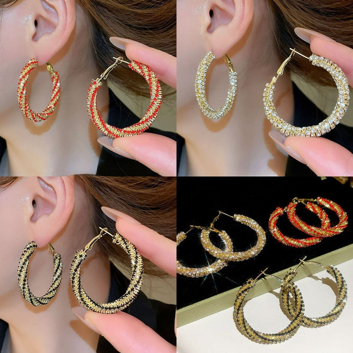 Metal Spiral Twisted Rhinestone Hoop Earrings With Silver Needles, Luxury Palace Style