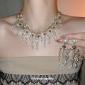 Pearl Crystal Tassel Pendant Handmade Earrings Necklace Jewelry Set Court Style Luxury Choker view 1