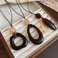 Vintage Ethnic Wood Resin Oval Geometric Pendant Sweater Necklace For Women view 4