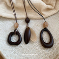 Vintage Ethnic Wood Resin Oval Geometric Pendant Sweater Necklace For Women view 2