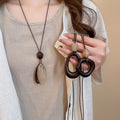 Vintage Ethnic Wood Resin Oval Geometric Pendant Sweater Necklace For Women view 1