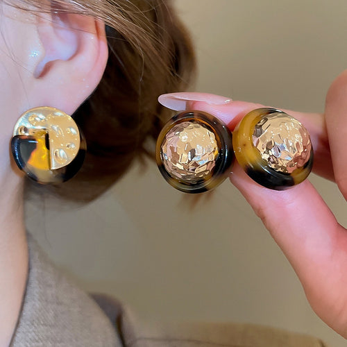 Vintage Leopard Print Resin Geometric Round Pleated Stud Earrings For Women