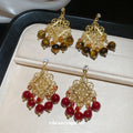 French Court Style Zircon Flower Tiger Eye Crystal Tassel Drop Earrings With Silver Needle view 2