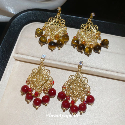 French Court Style Zircon Flower Tiger Eye Crystal Tassel Drop Earrings With Silver Needle
