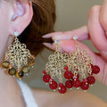 French Court Style Zircon Flower Tiger Eye Crystal Tassel Drop Earrings With Silver Needle view 3
