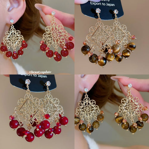 French Court Style Zircon Flower Tiger Eye Crystal Tassel Drop Earrings With Silver Needle