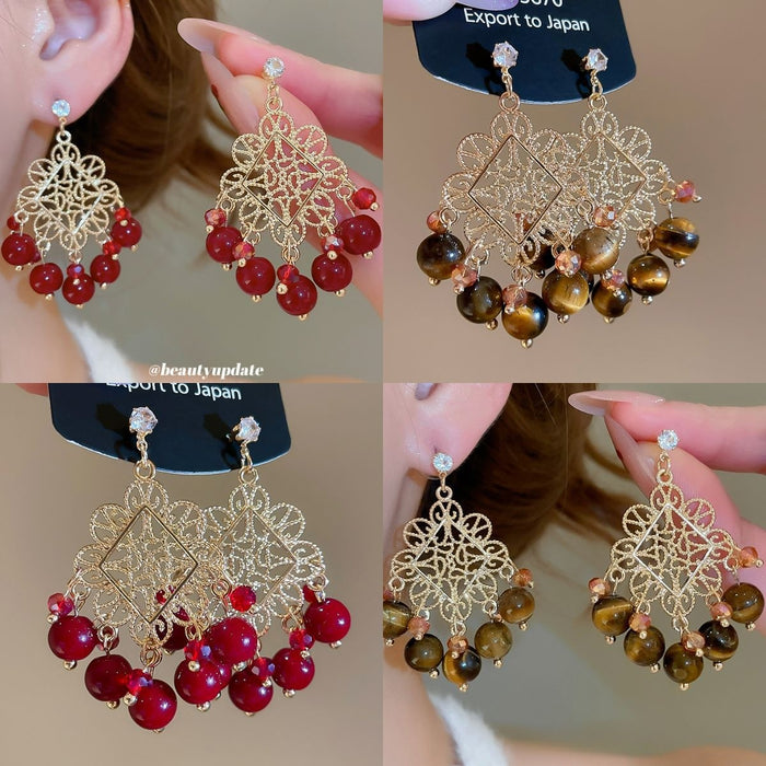 French Court Style Zircon Flower Tiger Eye Crystal Tassel Drop Earrings With Silver Needle