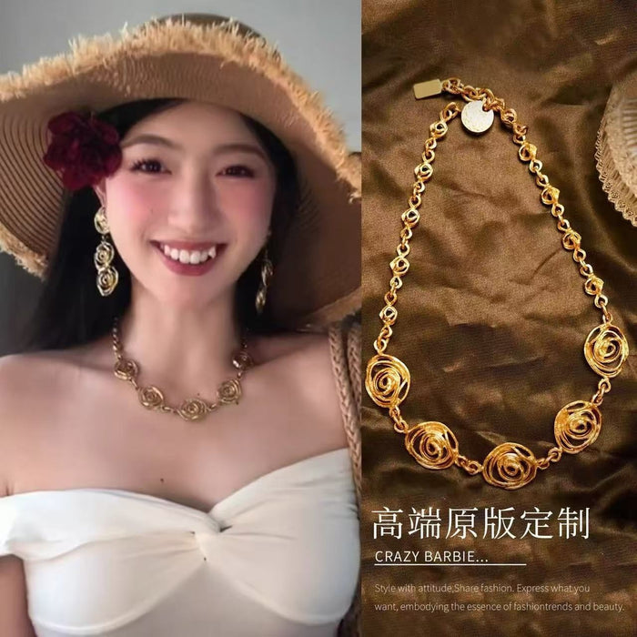 Vintage Court Style Copper Jewelry Set With Geometric Hollow Round Flower Choker Necklace