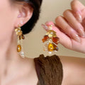 Silver Needle Resin Acrylic Flower Pendant Drop Earrings French Court Style Floral Stud Earrings view 2