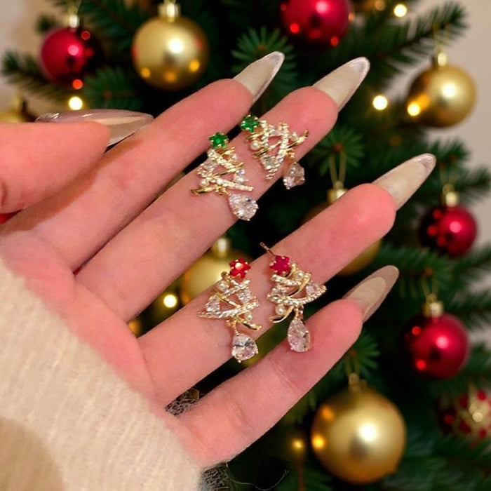 Light Luxury Alloy Christmas Tree Pearl Water Drop Earrings With Sparkling Rhinestone Geometric Design