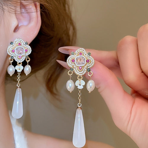 Court Style Pearl Flower Resin Teardrop Drop Earrings With Silver Pins And Sparkling Rhinestones