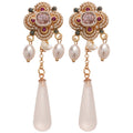 Court Style Pearl Flower Resin Teardrop Drop Earrings With Silver Pins And Sparkling Rhinestones view 5