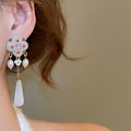 Court Style Pearl Flower Resin Teardrop Drop Earrings With Silver Pins And Sparkling Rhinestones view 4