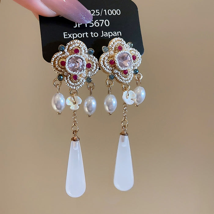Court Style Pearl Flower Resin Teardrop Drop Earrings With Silver Pins And Sparkling Rhinestones