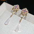 Court Style Pearl Flower Resin Teardrop Drop Earrings With Silver Pins And Sparkling Rhinestones view 3