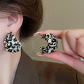 Leather Leopard Print Pleated Geometric C Shape Stud Earrings With Silver Needle Maillard Style view 3