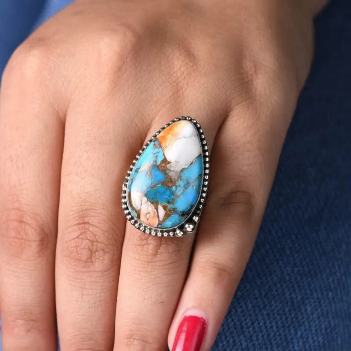 Vintage Faux Marble Ring For Women With Metal Edge Locking Design Niche Fashion Jewelry