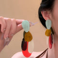 Silver Pin Acrylic Teardrop Tassel Drop Earrings Bohemian Chic Colorful Dangle Studs view 2
