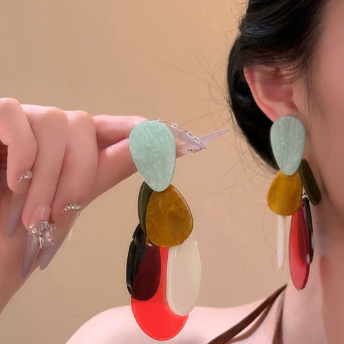 Silver Pin Acrylic Teardrop Tassel Drop Earrings Bohemian Chic Colorful Dangle Studs