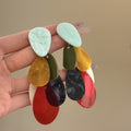 Silver Pin Acrylic Teardrop Tassel Drop Earrings Bohemian Chic Colorful Dangle Studs view 1