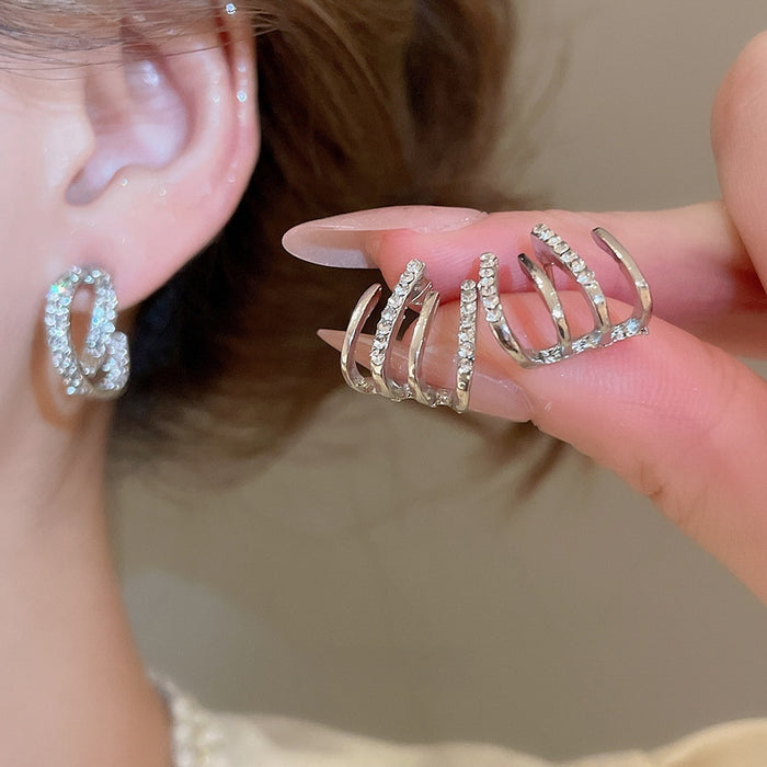 Alloy Silver Needle Sparkling Zircon Double Layer C-Shaped Geometric Drop Earrings For Women