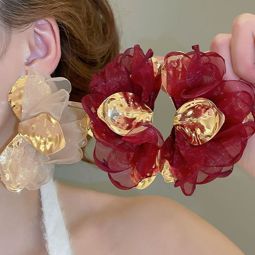 Metal Chiffon Fabric Flower Pendant Drop Earrings For Women Vacation Sweet Floral Style