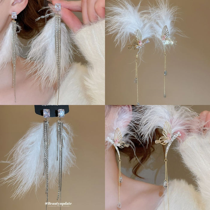 Elegant Rhinestone Feather Butterfly Tassel Drop Earrings For Women, Geometric Luxury Style