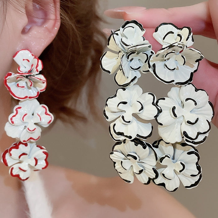 Metal Painted Flower Tassel Drop Earrings Sweet Floral Pendant Ear Studs For Women