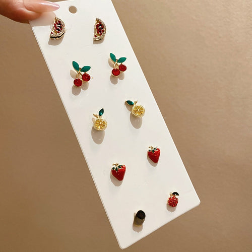 Sparkling Rhinestone Fruit Stud Earrings Alloy Strawberry Cherry Sweet Pastoral Jewelry For Women